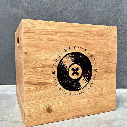 'Whiskey and Vinyl Amsterdam'  Laser Engraved 12 Inch Oiled Oak Vinyl Record Storage Box
