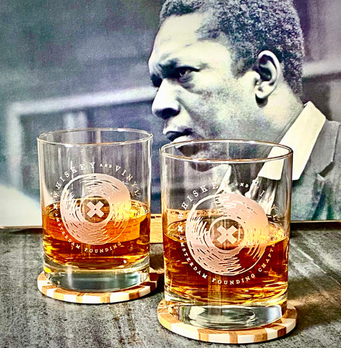 'Have a Drink On Me'-  Two Carved 'Whiskey and Vinyl' Logo Glasses-Limited Edition