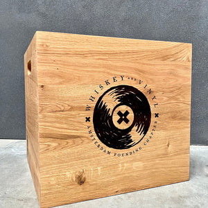 'Whiskey and Vinyl Amsterdam'  Laser Engraved 12 Inch Oiled Oak Vinyl Record Storage Box- SOLD OUT Preorder Yours Today